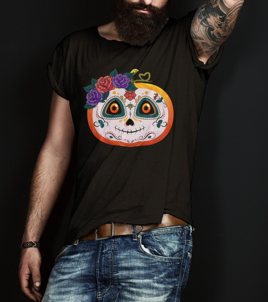 Pumpkin Floral Sugar Skull Jack O Lantern With Flowers T-Shirt