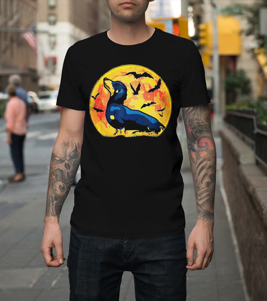 Dachshund Halloween Moon With Flying Bats T-Shirt