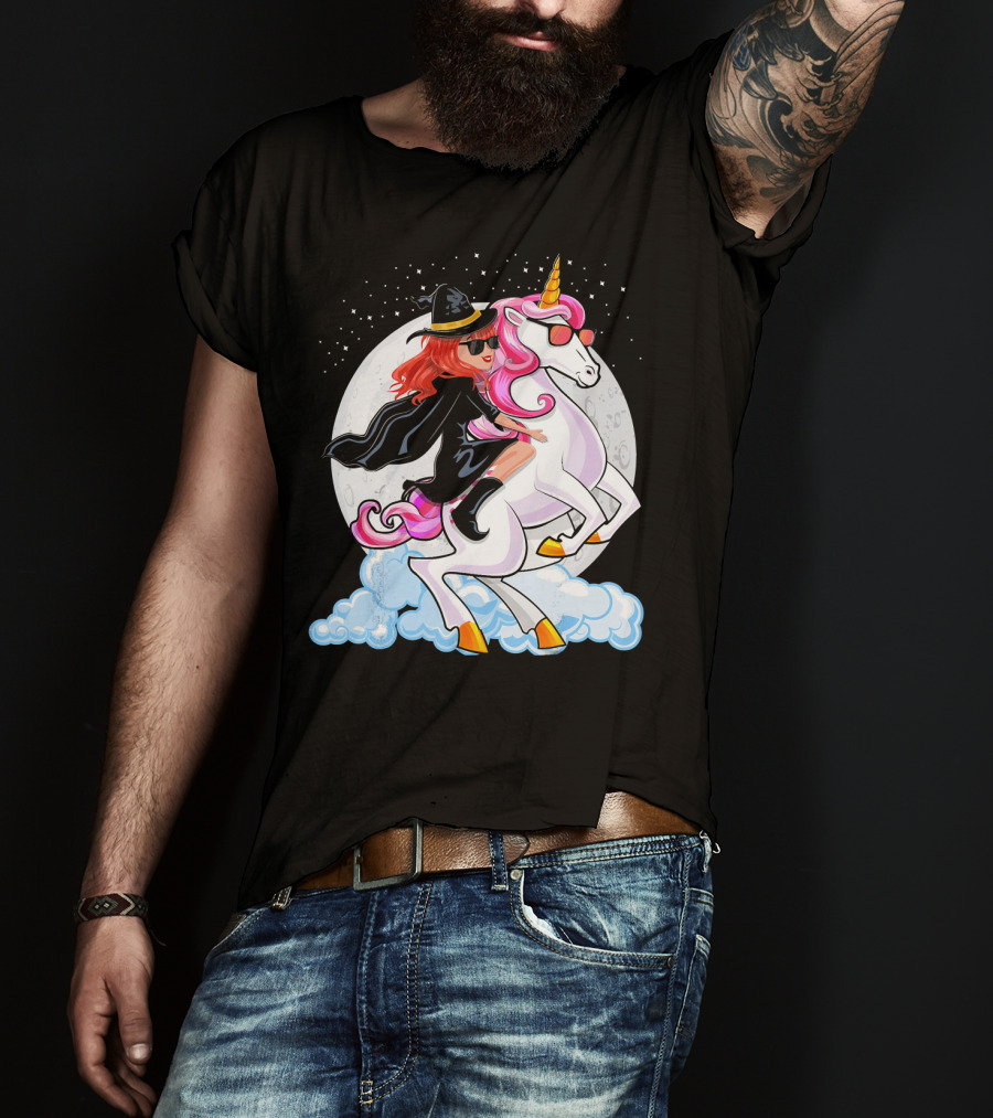 Halloween Witch Riding A Unicorn In Front Of Full Moon T-Shirt