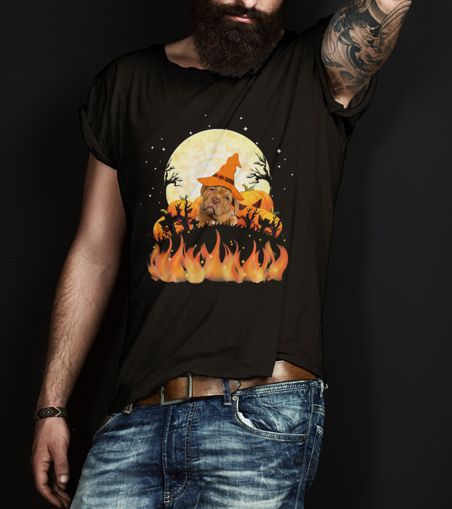 Dogue De Bordeaux Dog Lovers Halloween Full Moon Witch Hat Pumpkin Fire Scene T-Shirt