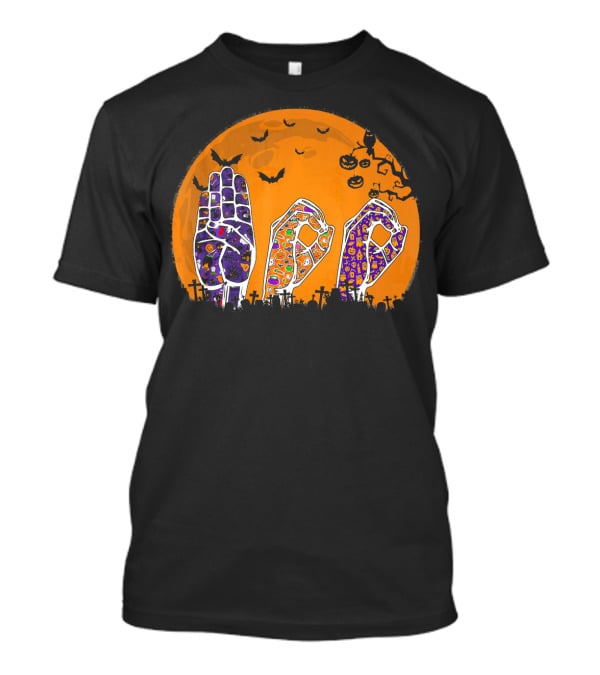 Pride ASL Boo Halloween Sign Language Moon Bats Jack-O'-Lanterns T-Shirt