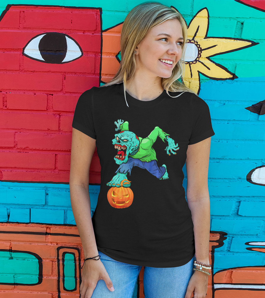 Zombie Leaping Over Grinning Pumpkin T-Shirt