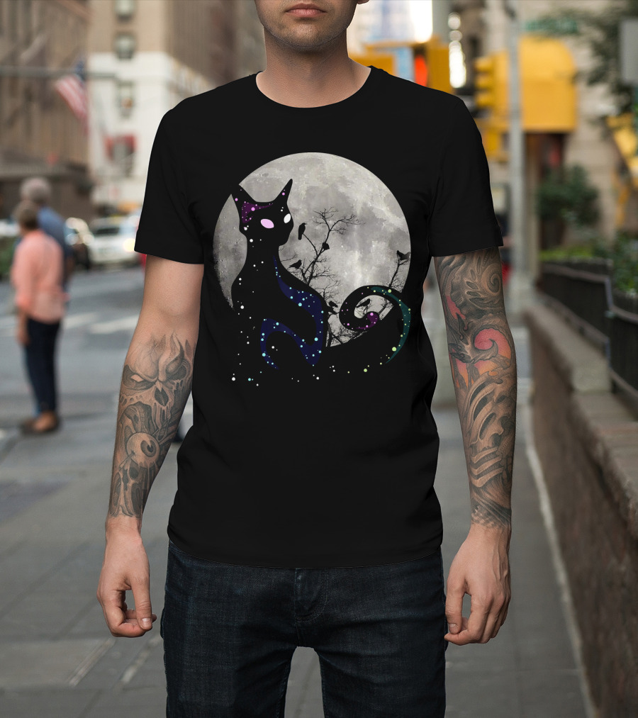 Halloween Cat Scary Black Cat Gothic Full Moon Night Sky T-Shirt