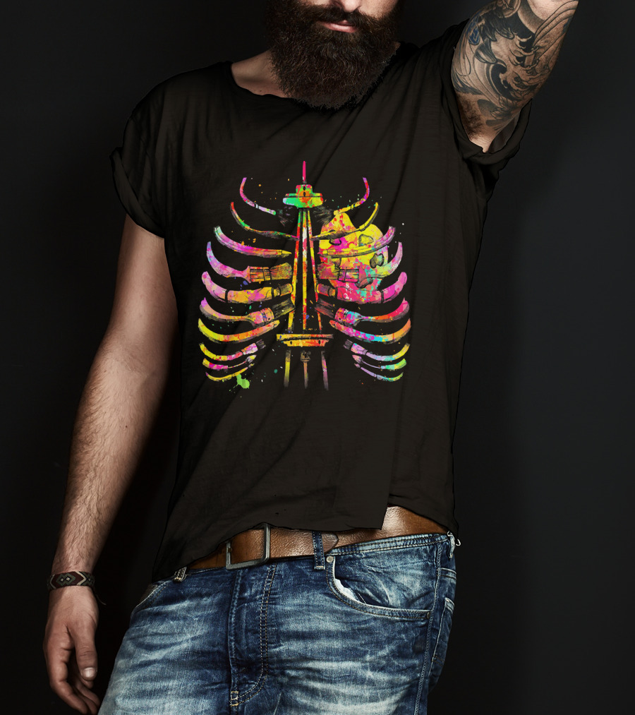 Colorful Seattle Space Needle Skeleton Ribcage Halloween T-Shirt