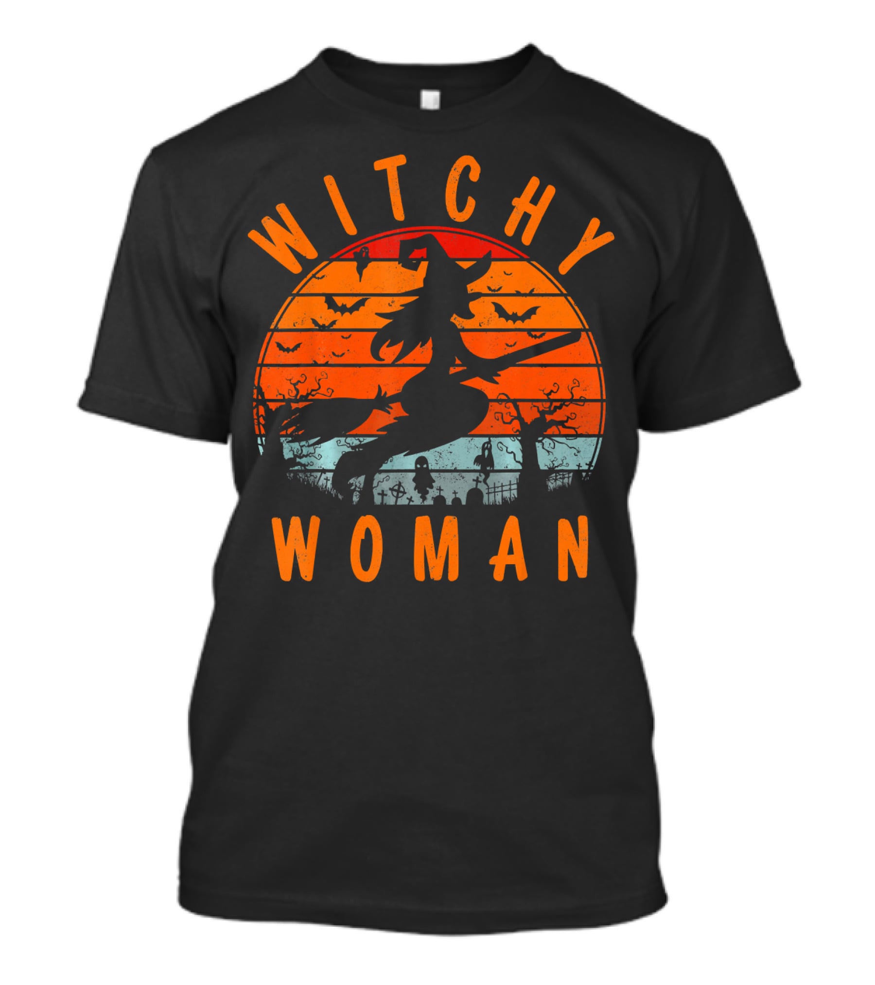 Witchy Woman Flying On Broomstick With Spooky Halloween Sunset Background T-Shirt