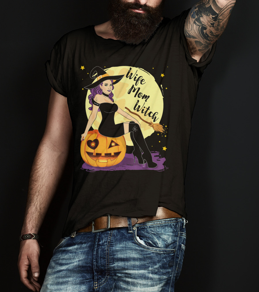 Wife Mom Witch Halloween Women Bro Pumpkin Moon Broomstick T-Shirt