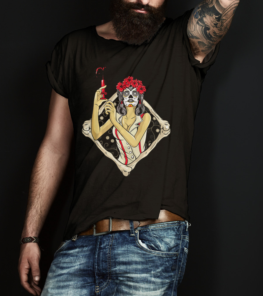 Halloween Nurse Day Of The Dead Dia De Los Muertos Skeleton Syringe Flower Crown T-Shirt
