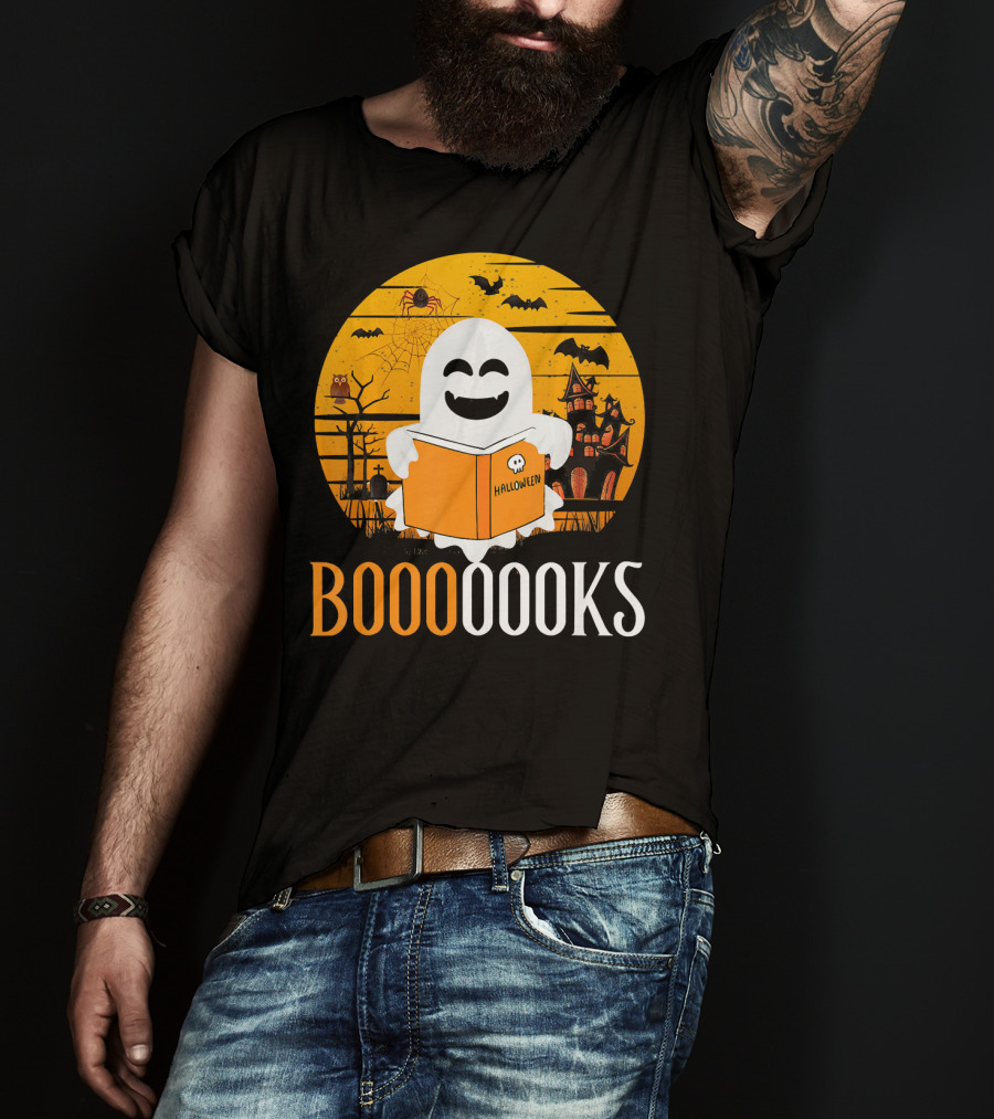 Booooooks Boo Read Books Funny Nerd Halloween Ghost Reading T-Shirt