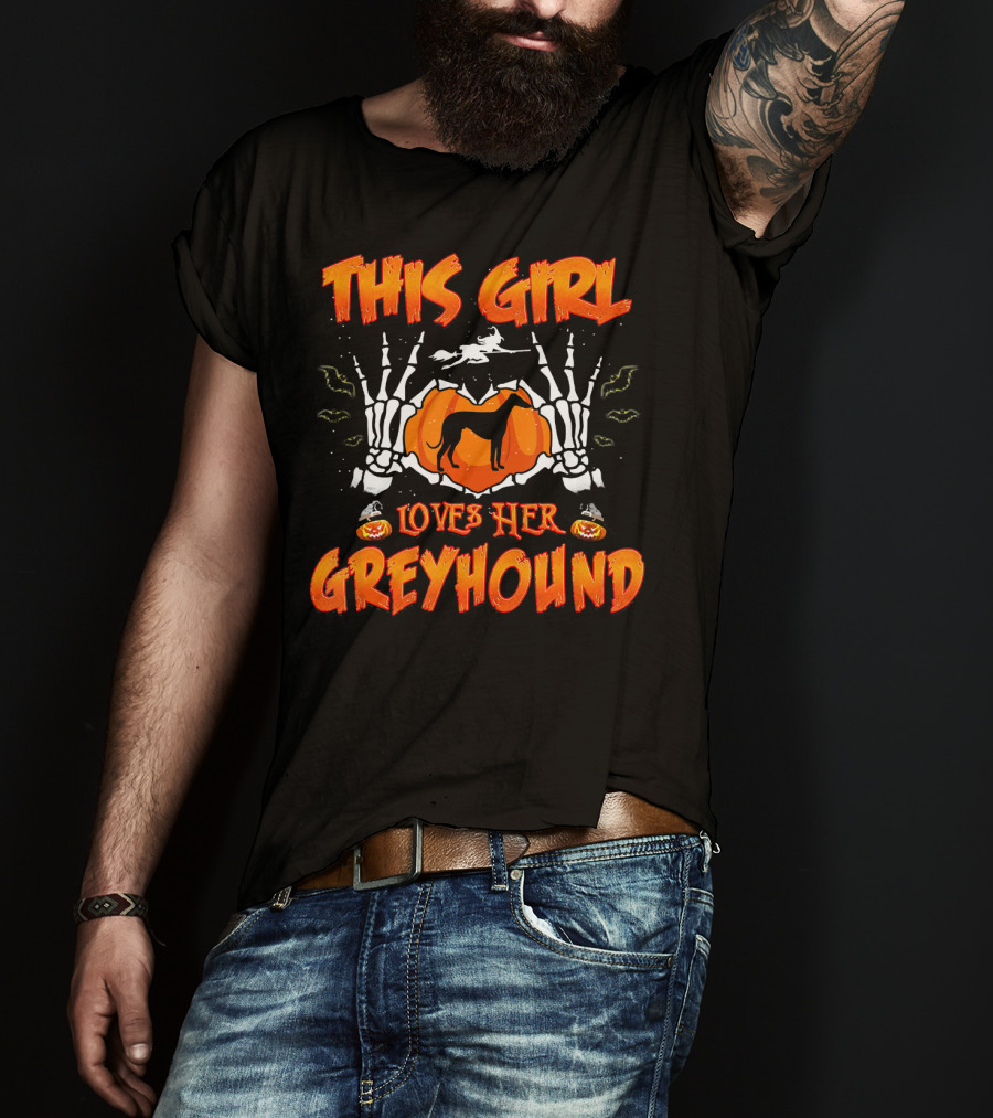 This Girl Loves Her Greyhound Skeleton Halloween Pumpkin T-Shirt