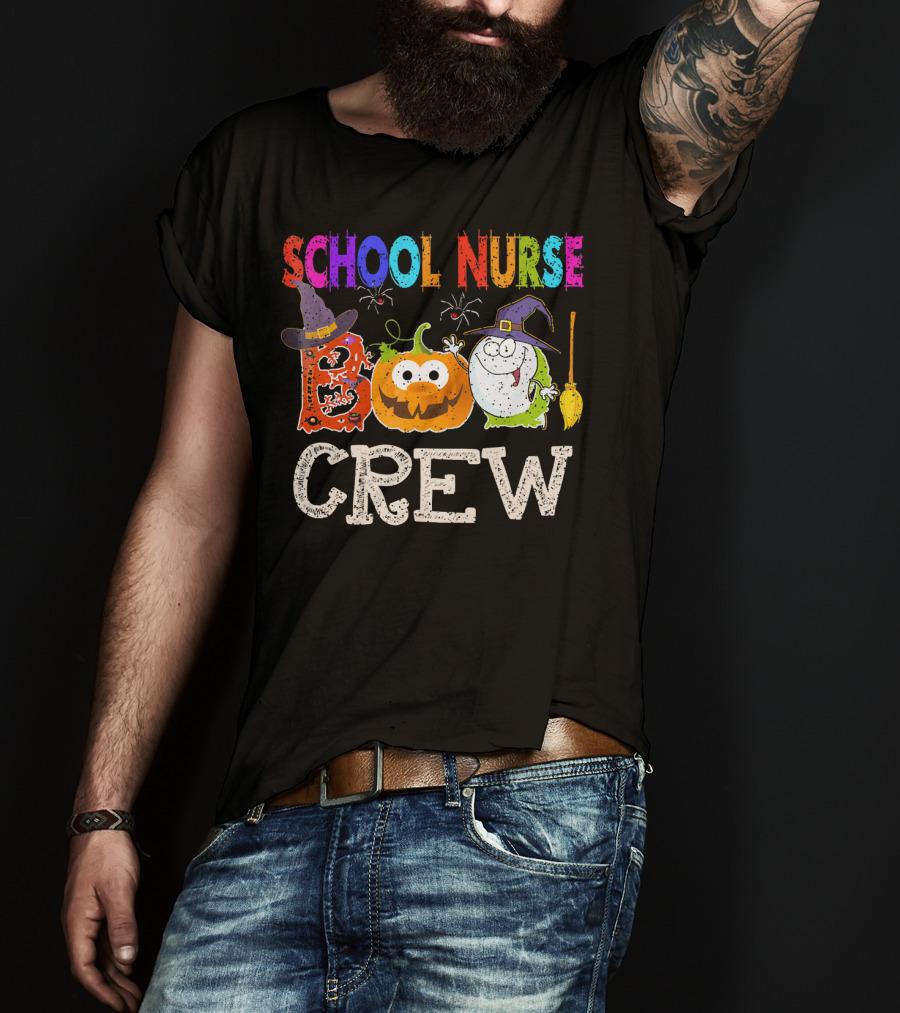 School Nurse Boo Crew Halloween Pumpkin Ghost Witches Hat Broom T-Shirt