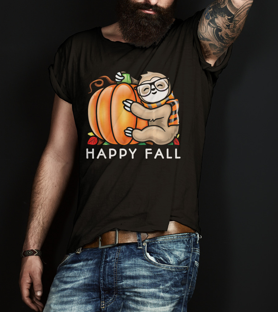 Happy Fall Cute Sloth Glasses Scarf Pumpkin Hug T-Shirt