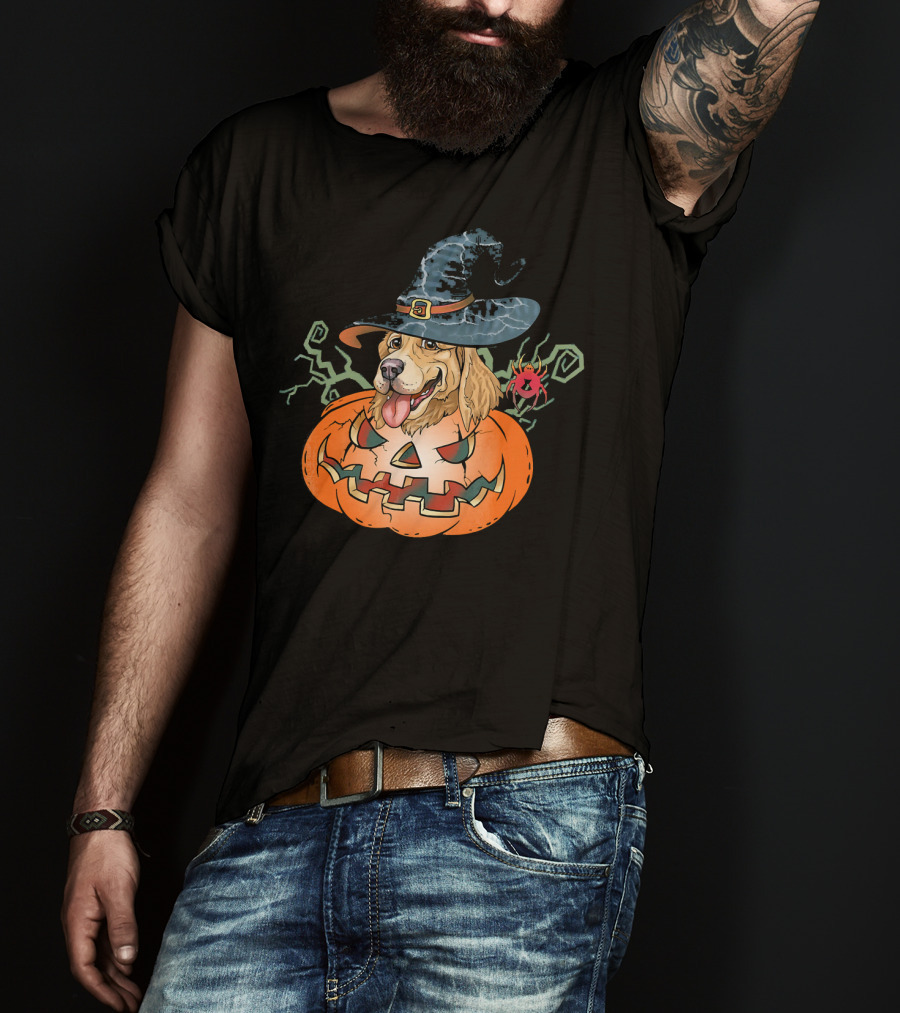 Halloween Golden Retriever Dog Lover Pumpkin Wizard Hat And Spider T-Shirt