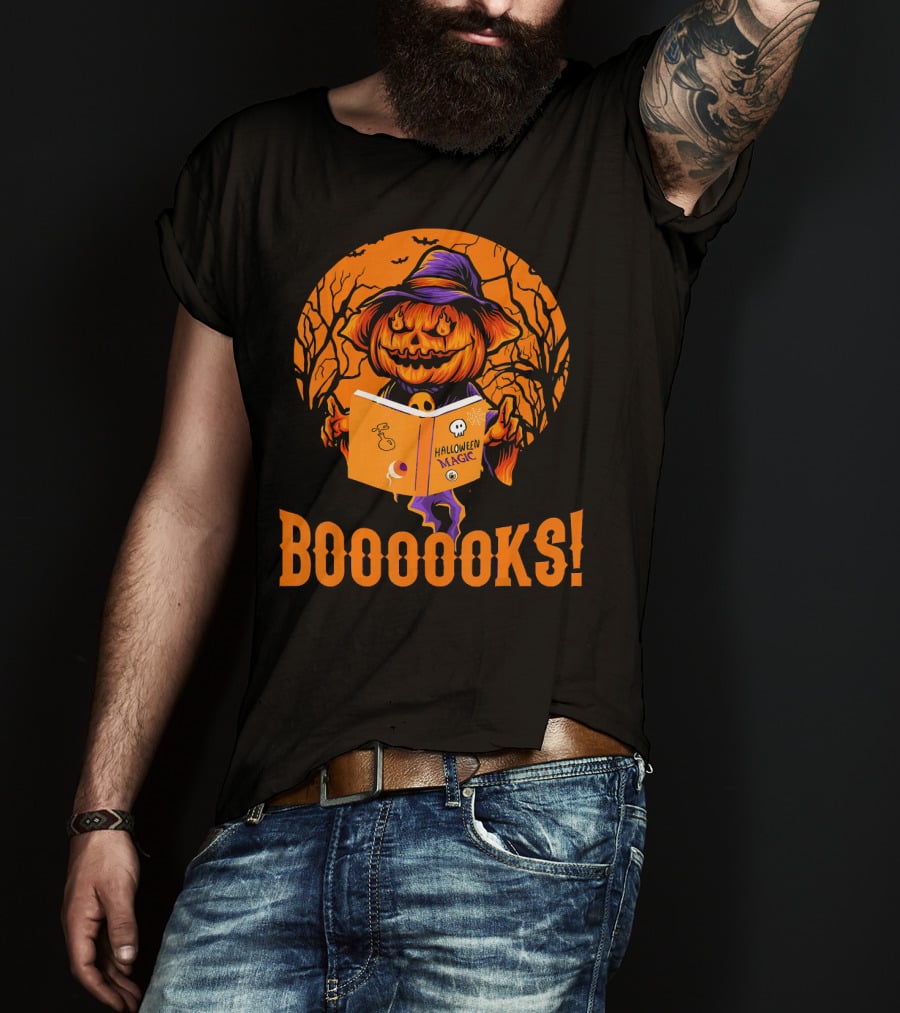 BOOOOKS Halloween Magic Pumpkin Reading Spooky Trees T-Shirt
