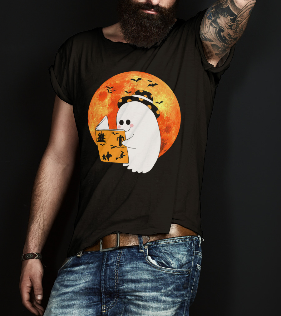 Halloween Ghost Reading Boo Books With Orange Moon And Bats T-Shirt