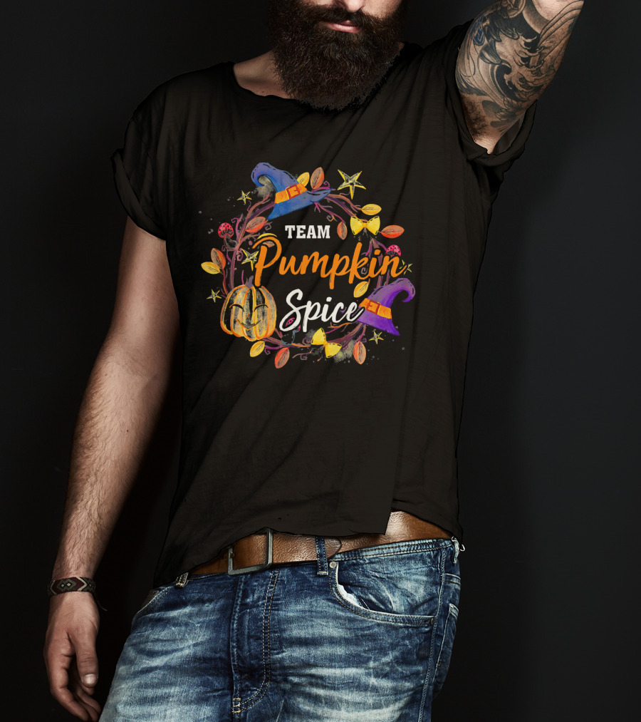 Team Pumpkin Spice Wreath With Witch Hats And Autumn Elements T-Shirt