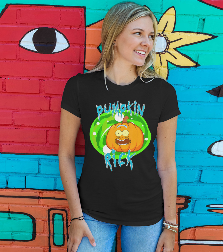 Pumpkin Rick Halloween Parody With Green Portal And Cartoon Face T-Shirt