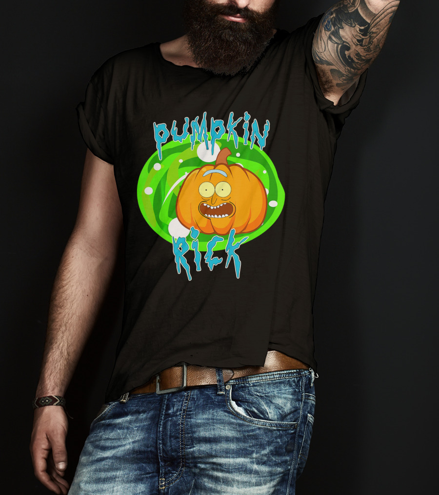 Pumpkin Rick Halloween Parody With Green Portal And Cartoon Face T-Shirt