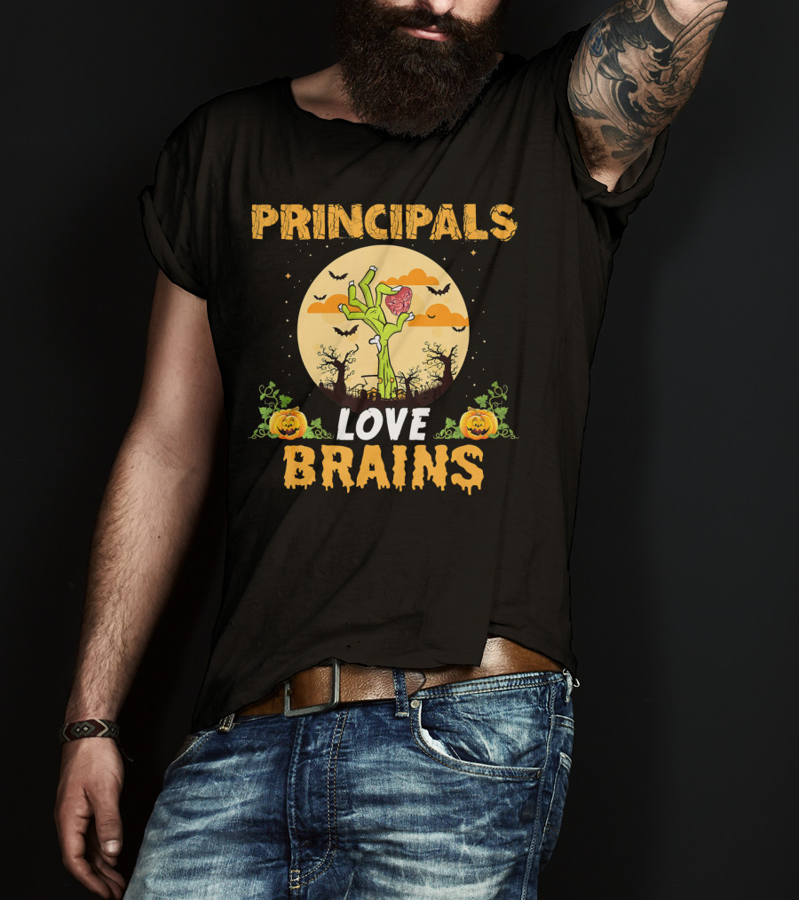 Principals Love Brains Zombies Halloween Moon Bats Pumpkins T-Shirt