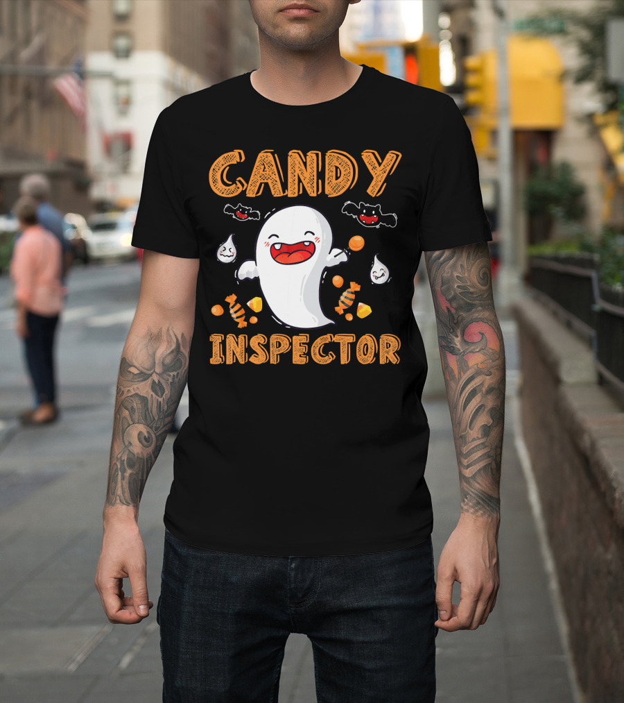 Candy Inspector Ghost Halloween Co Spooky Fun With Bats And Sweets T-Shirt