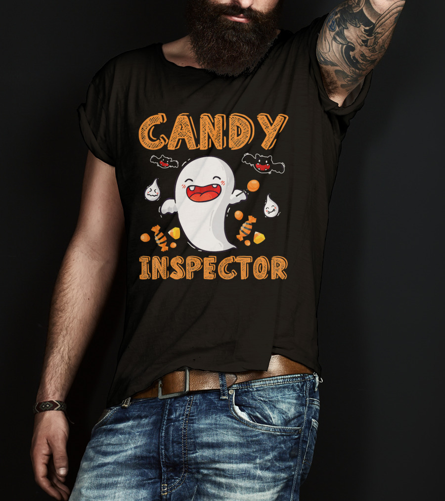 Candy Inspector Ghost Halloween Co Spooky Fun With Bats And Sweets T-Shirt