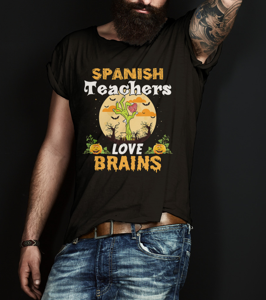 Spanish Teachers Love Brains Zombies Halloween Pumpkin Bats T-Shirt