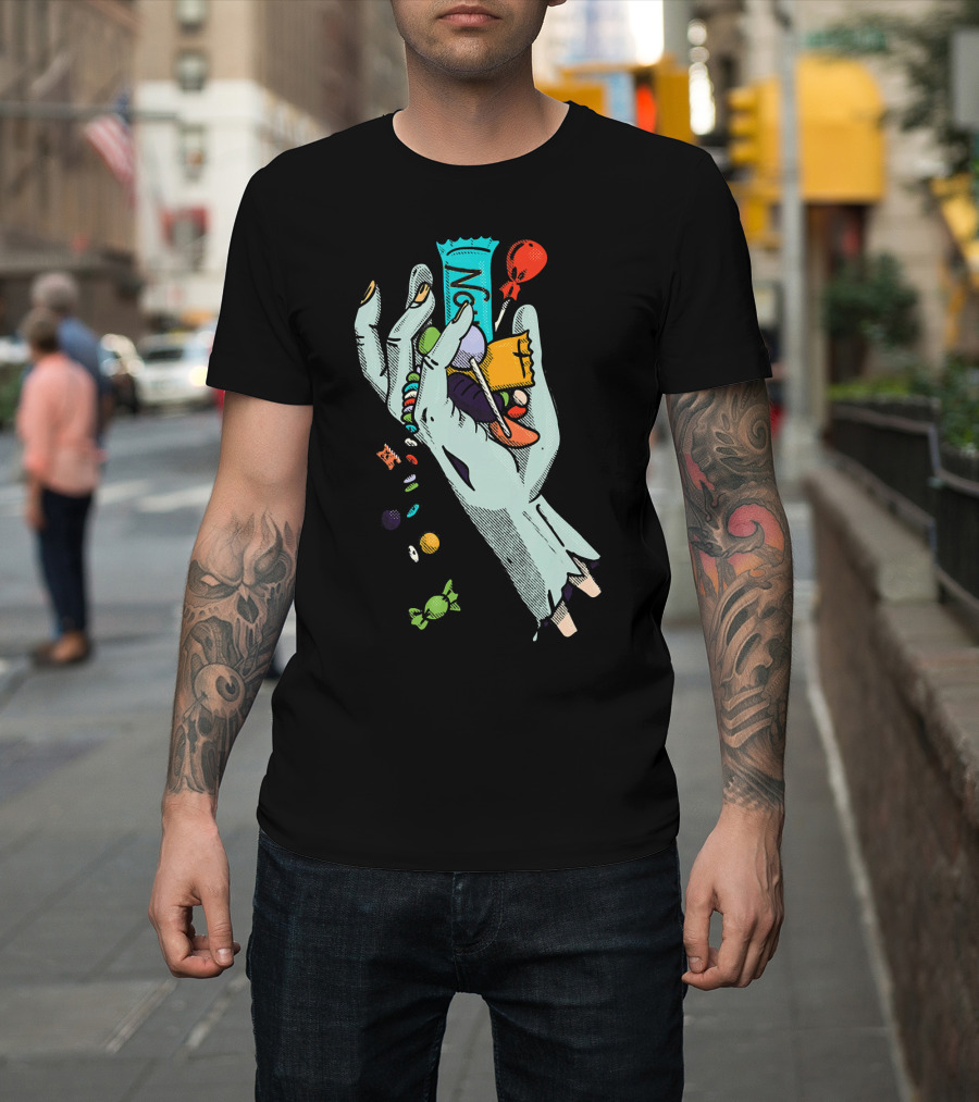 Holidaze Trick Or Treat Zombie Hand No Treats Candies Balloon T-Shirt