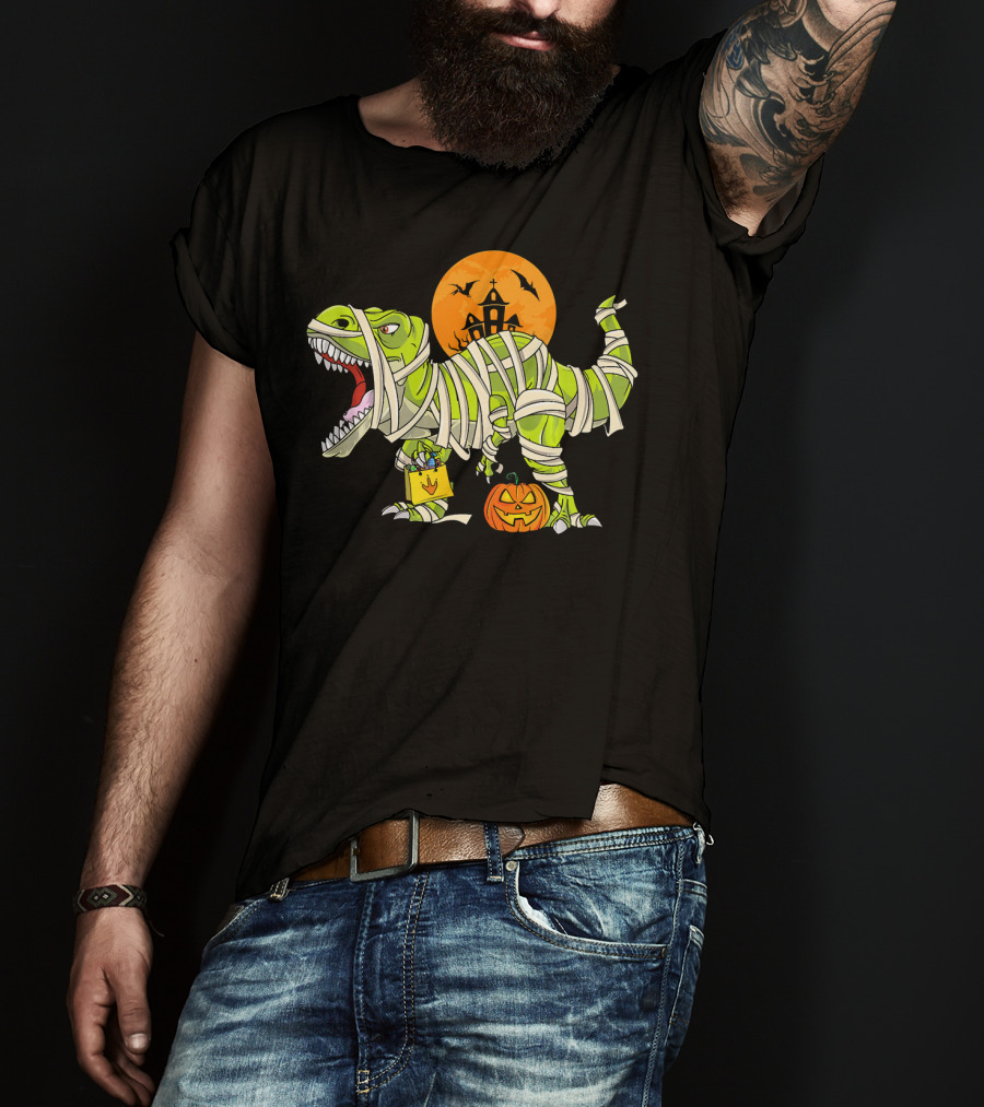 Funny Halloween Rex Dinosaur Mummy With Pumpkin And Haunted House T-Shirt