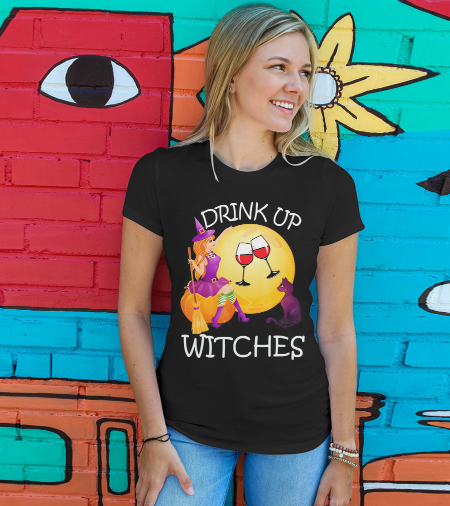Drink Up Witches Halloween Wine Moon Cat Broomsticks T-Shirt