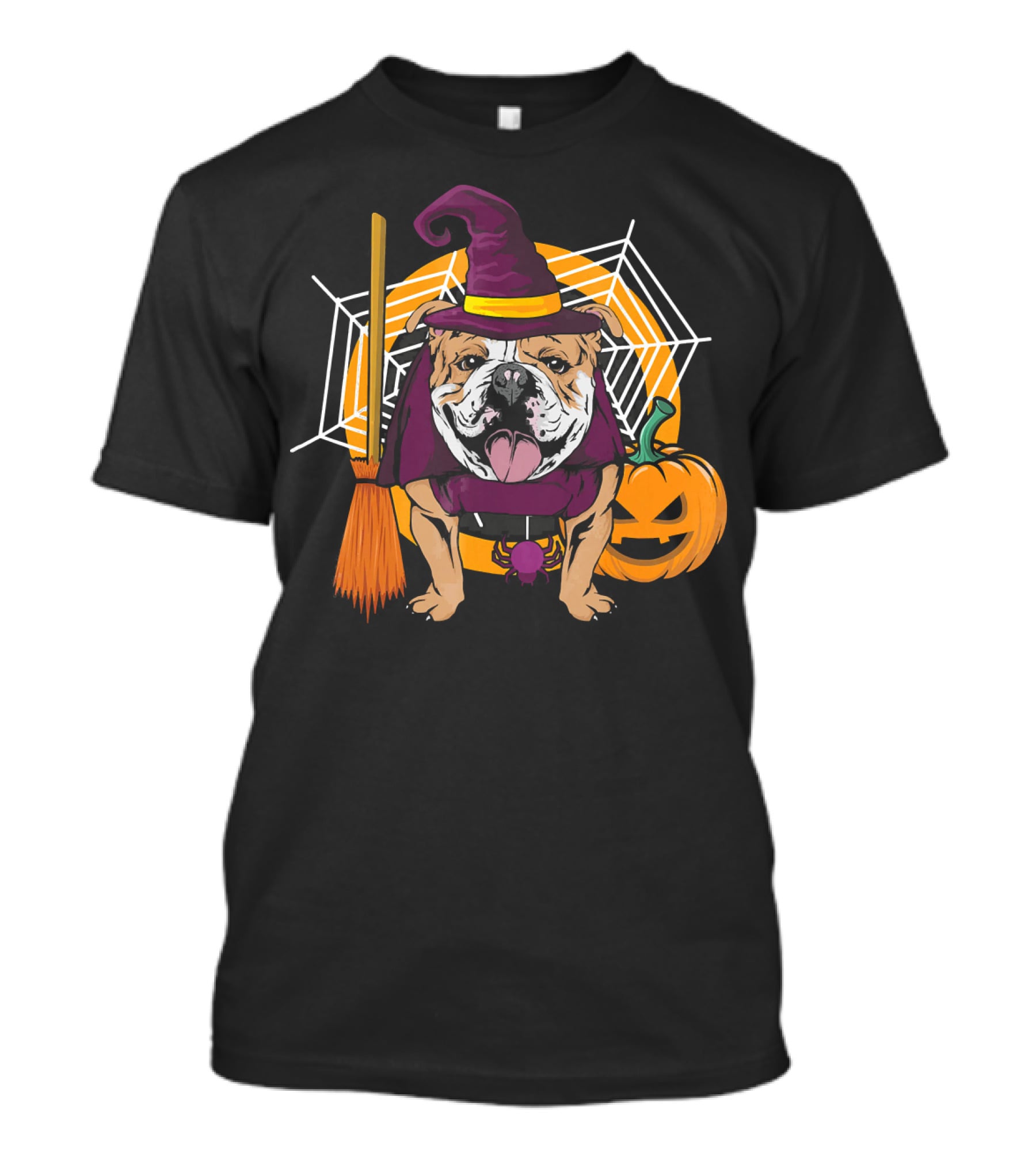 Witch Bulldog Halloween Pumpkin Broom Spiderweb T-Shirt