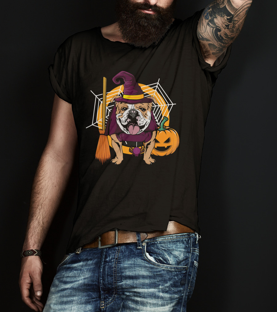Witch Bulldog Halloween Pumpkin Broom Spiderweb T-Shirt