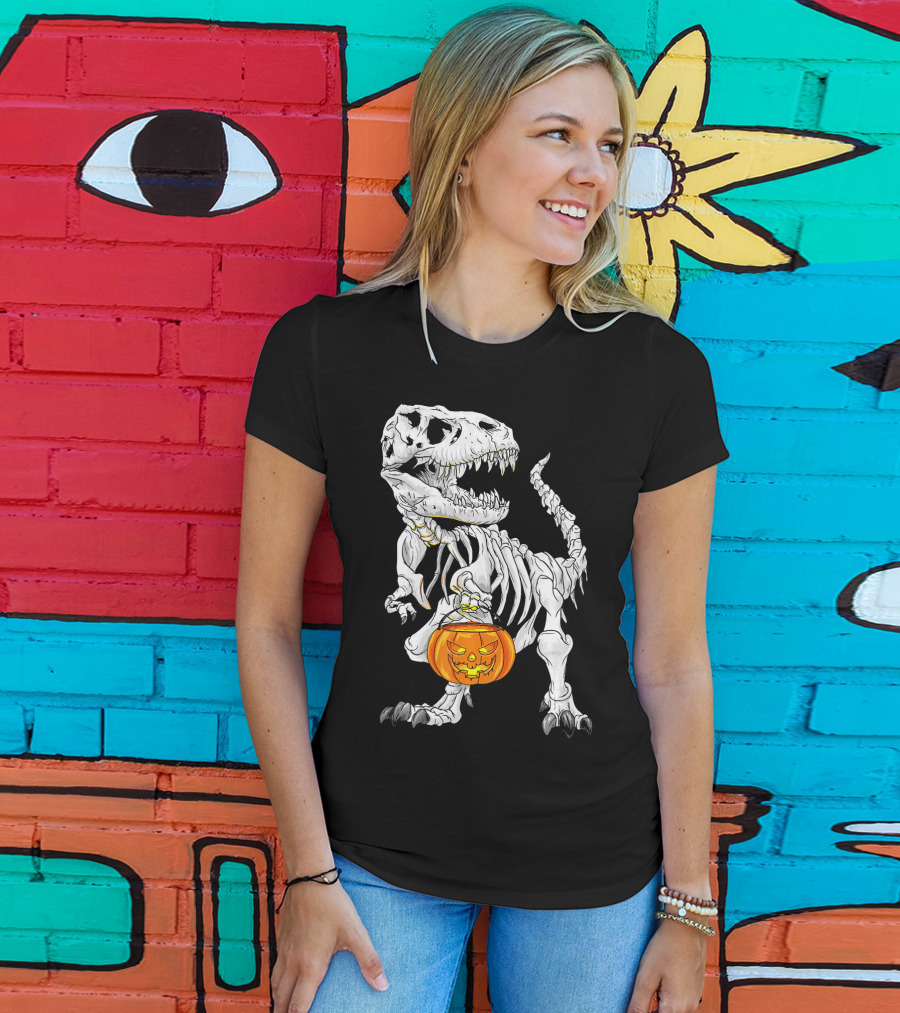 T Rex Skeleton Halloween Costume Dinosaur Pumpkin T-Shirt