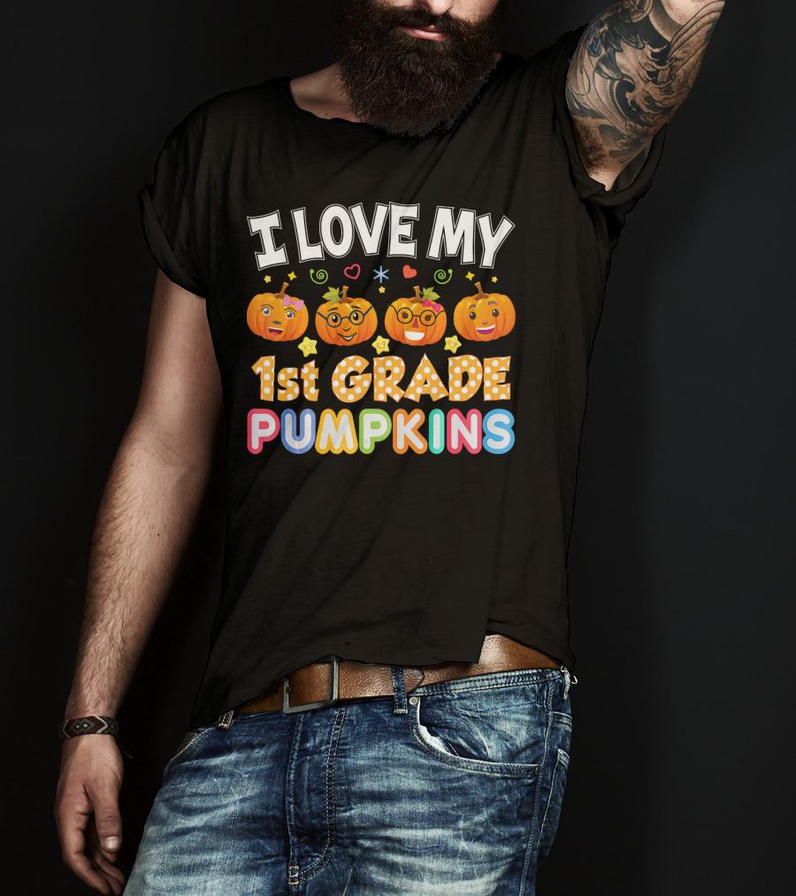 I Love My 1st Grade Pumpkins Halloween Emojis And Stars T-Shirt