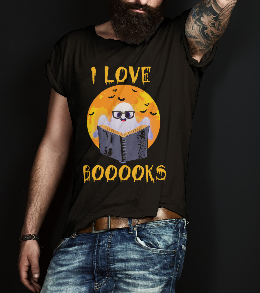 I Love Boooooks Halloween Ghost Reading With Bats T-Shirt