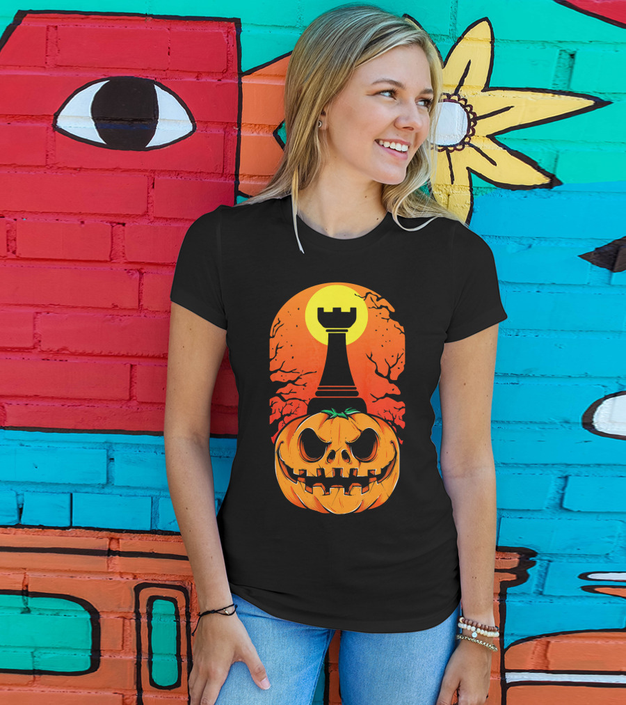 Spooky Rook Pumpkin Halloween Chess Tower Moon T-Shirt