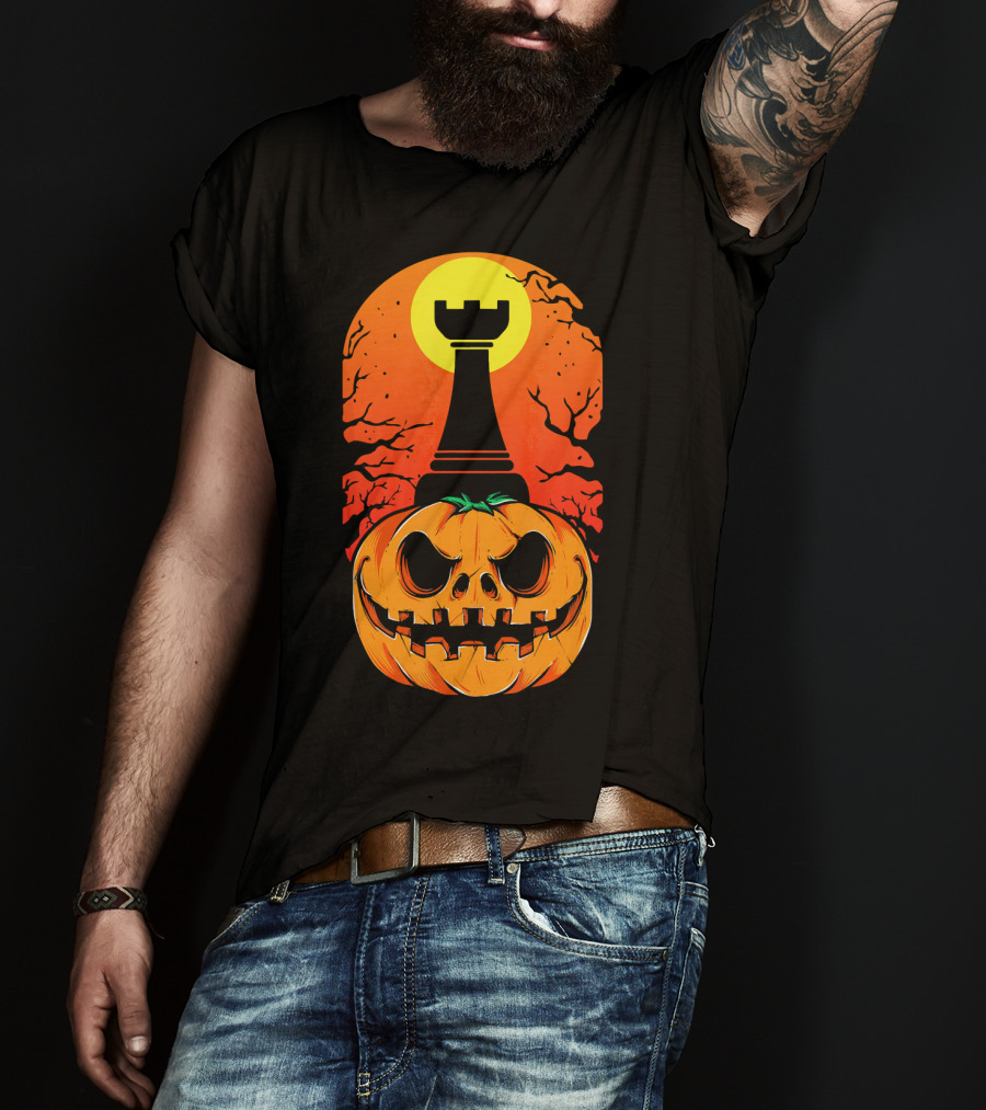 Spooky Rook Pumpkin Halloween Chess Tower Moon T-Shirt