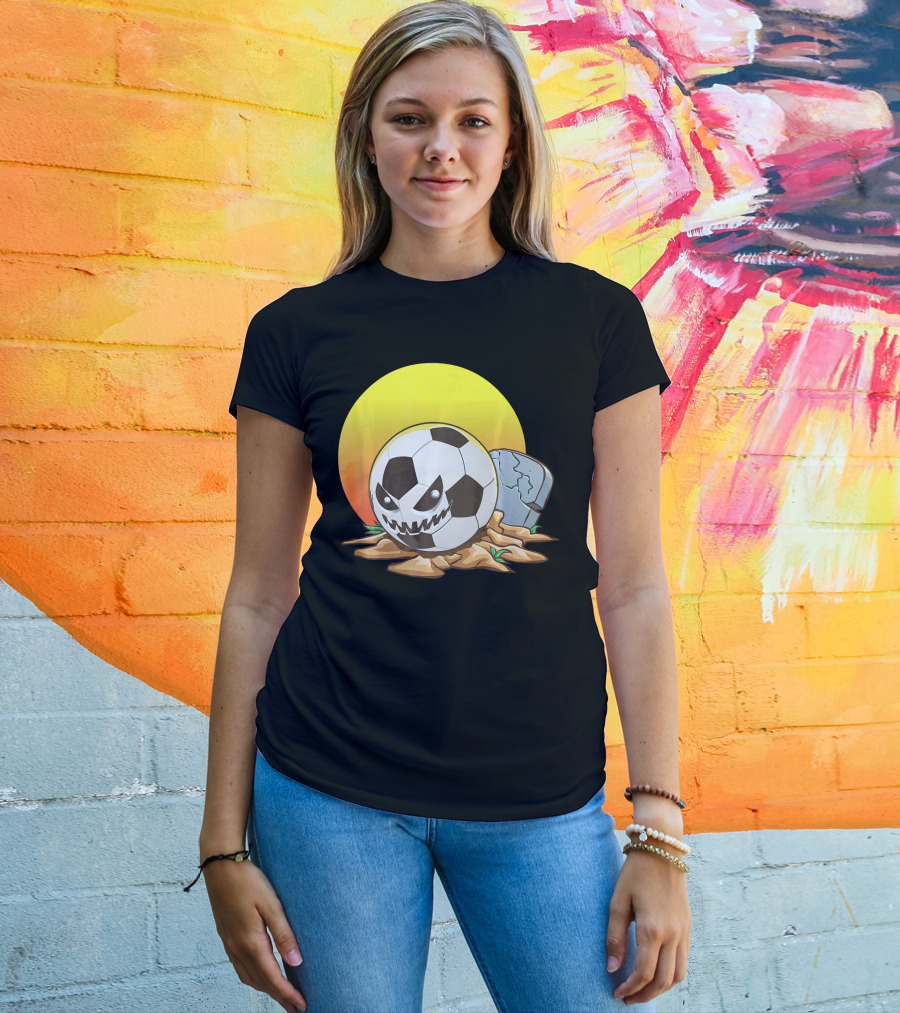 Soccer Halloween Goal With Spooky Jack-O'-Lantern Face And Graveyard Scene T-Shirt