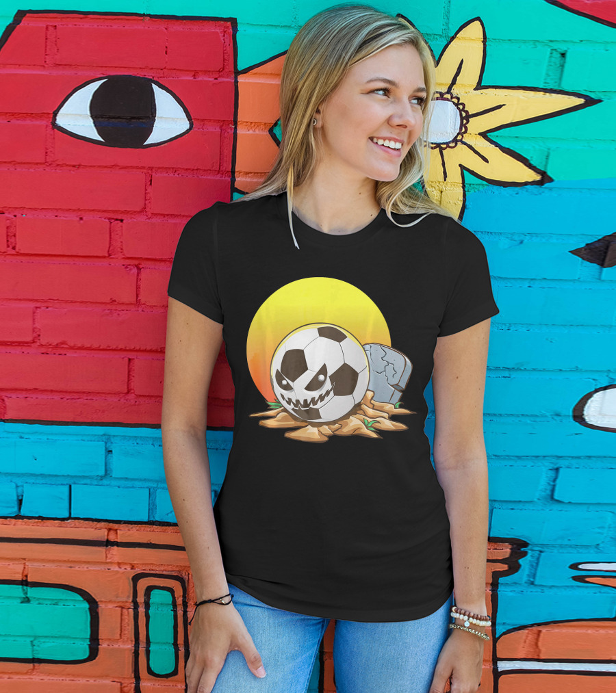 Soccer Halloween Goal With Spooky Jack-O'-Lantern Face And Graveyard Scene T-Shirt