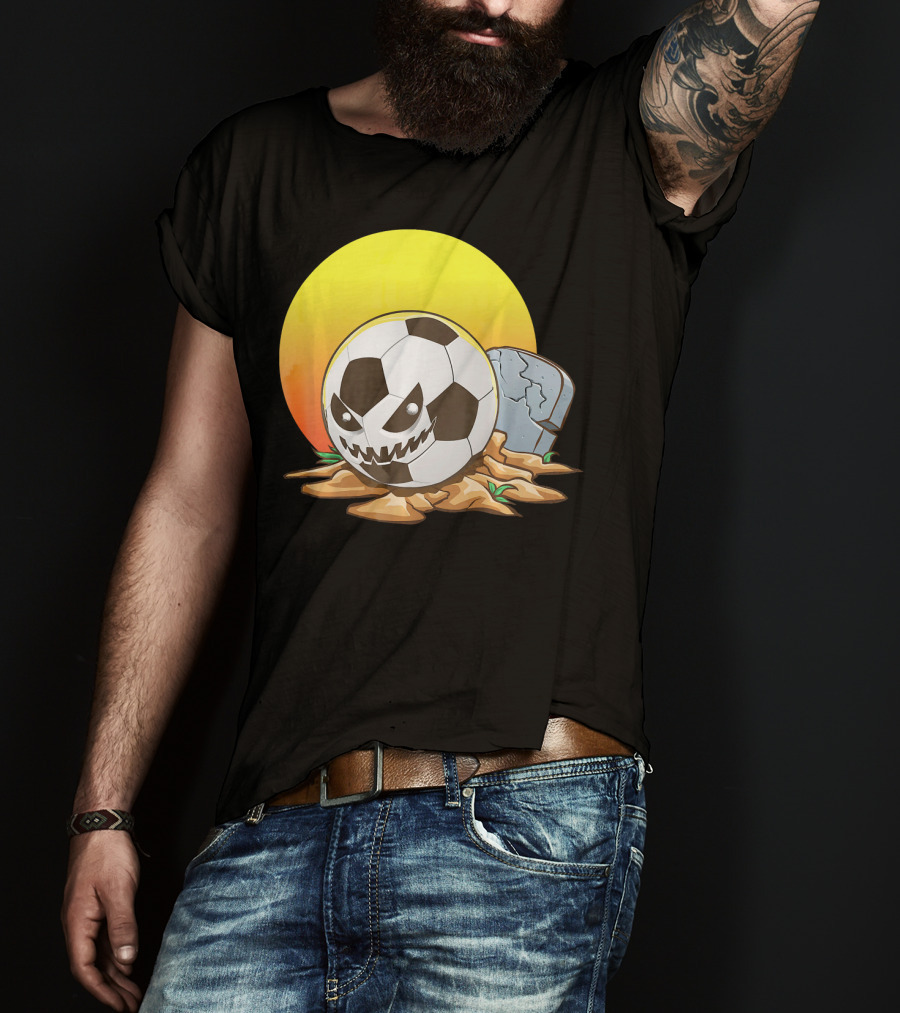 Soccer Halloween Goal With Spooky Jack-O'-Lantern Face And Graveyard Scene T-Shirt