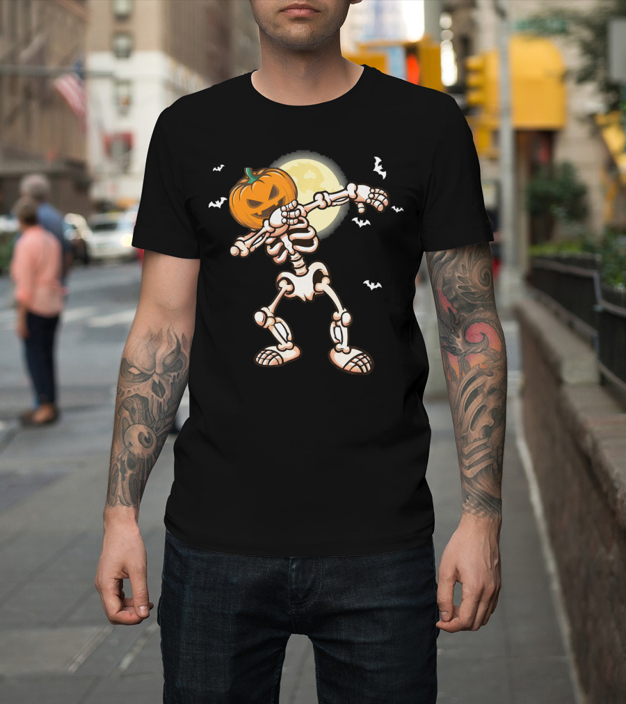 Skeleton Dabbing with Pumpkin Head and Bats T-Shirt
