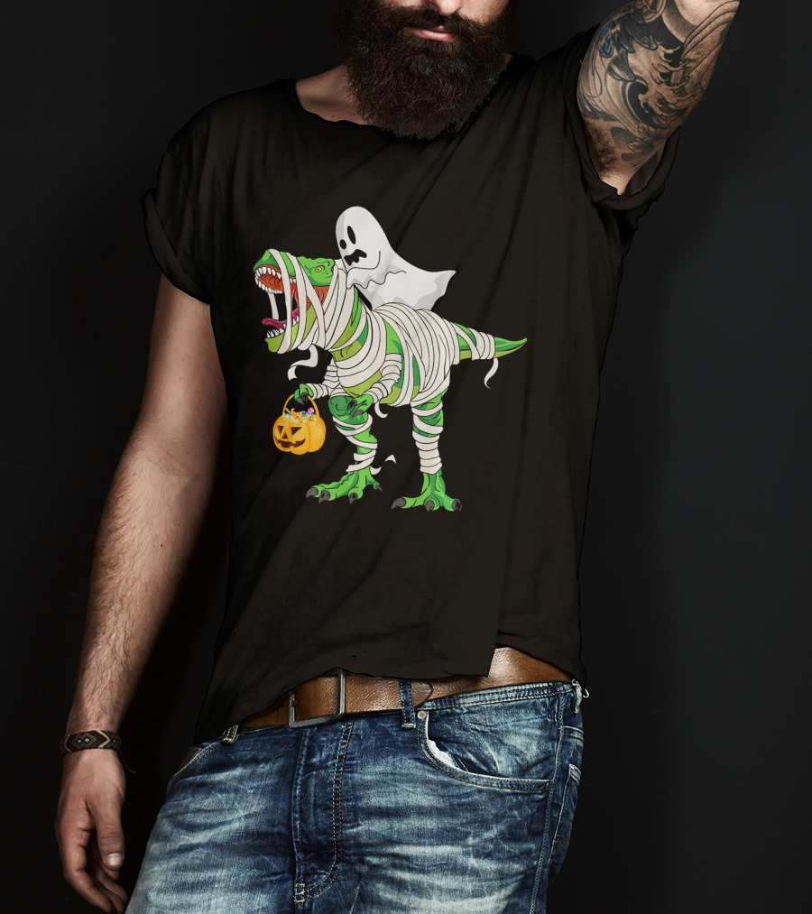 Ghost Mummy Riding T-Rex Trick Or Treat T-Shirt