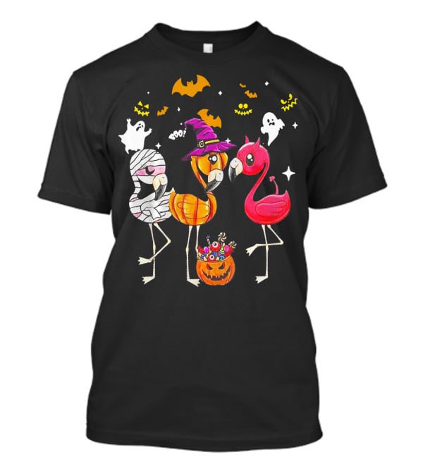 Flamingo Halloween Candy Witch Ghost Bats Pumpkin T-Shirt