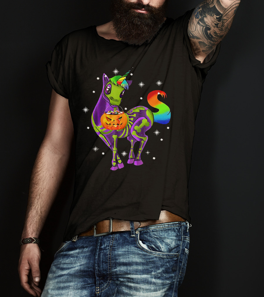 Unicorn Skeleton Pumpkin Rainbow Halloween Magic T-Shirt