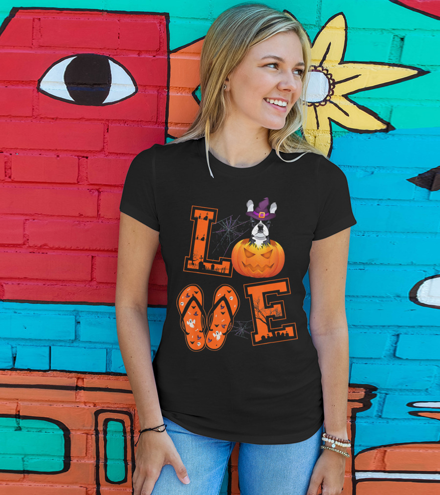 LOVE French Bulldog Pumpkin Halloween Ghosts Spider Webs T-Shirt