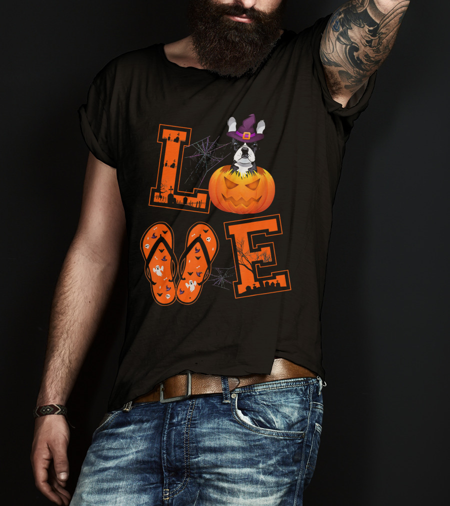 LOVE French Bulldog Pumpkin Halloween Ghosts Spider Webs T-Shirt
