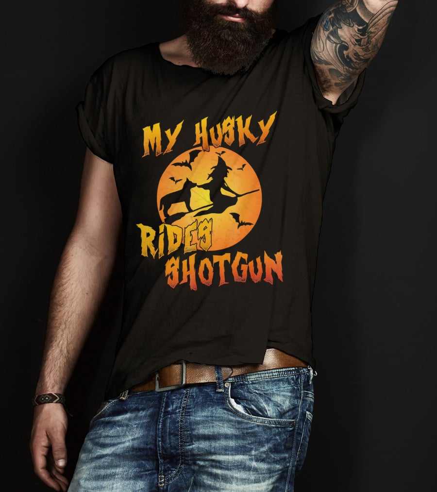 My Husky Rides Shotgun Halloween Witch Moon Bats T-Shirt