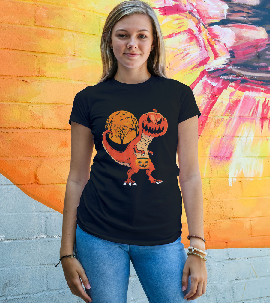 Funny Halloween Dinosaur Pumpkin Head Tree Shadow T-Shirt