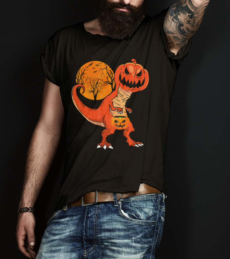 Funny Halloween Dinosaur Pumpkin Head Tree Shadow T-Shirt