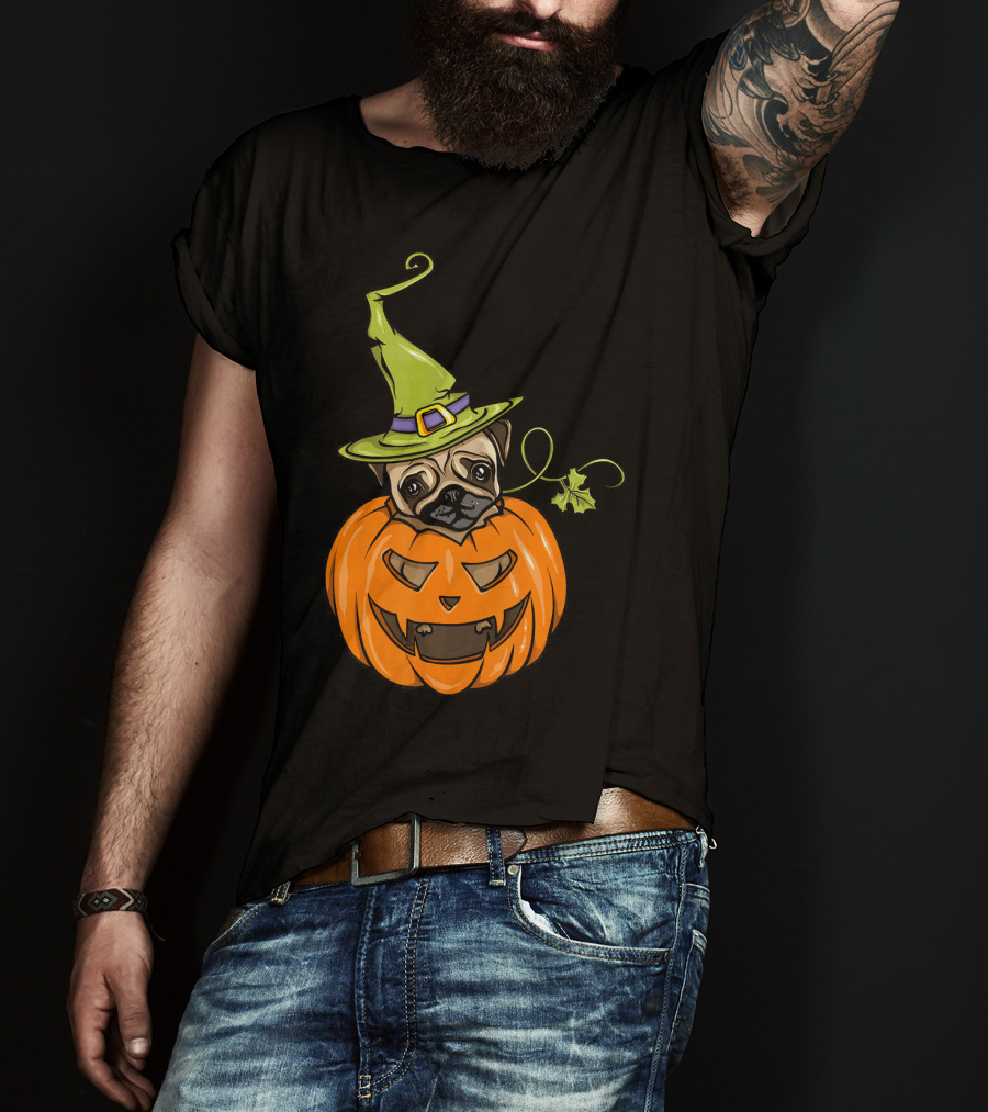 Pumpkin Pug Witch Halloween Costume Women T-Shirt