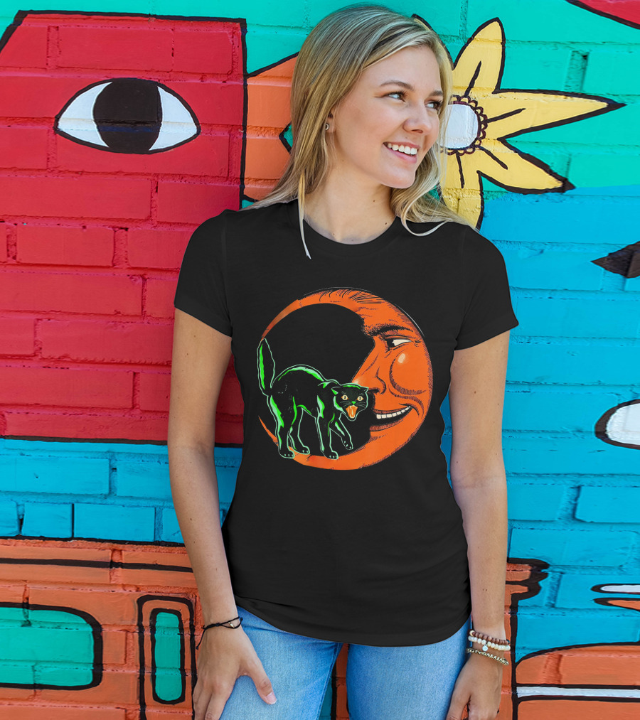 Vintage Halloween Beistle Cat On Crescent Moon T-Shirt