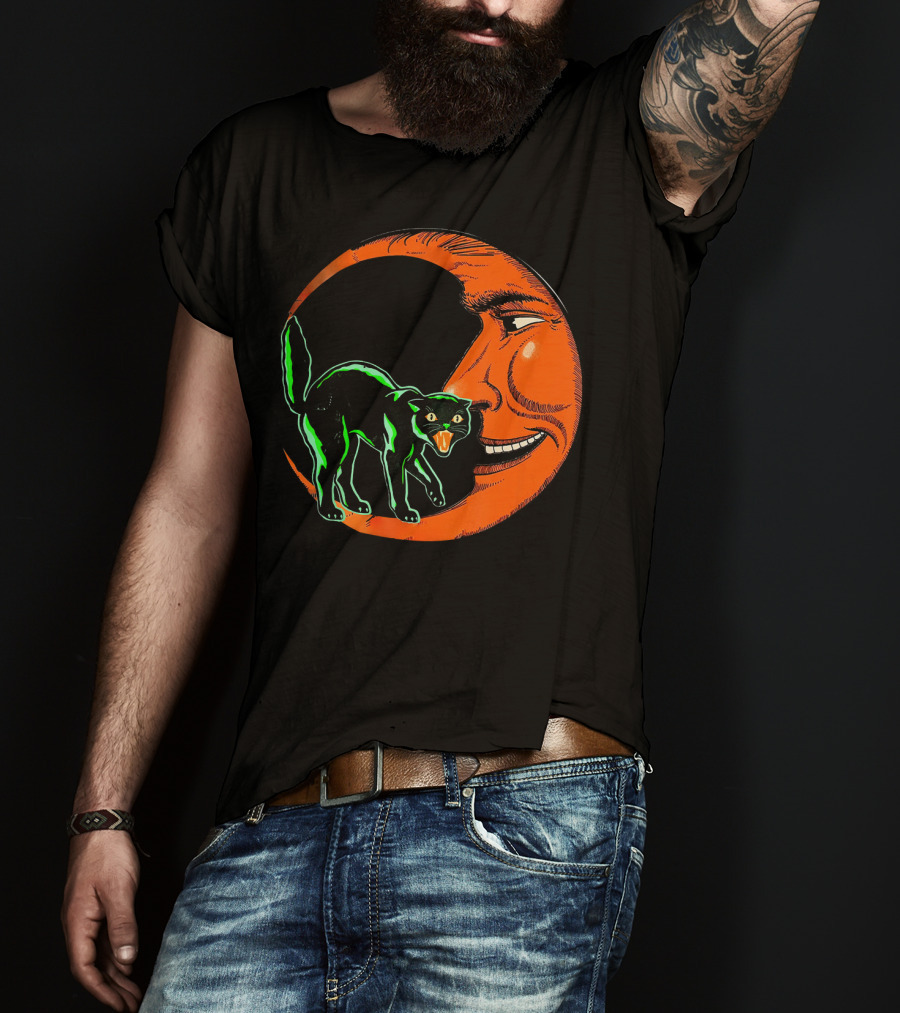 Vintage Halloween Beistle Cat On Crescent Moon T-Shirt